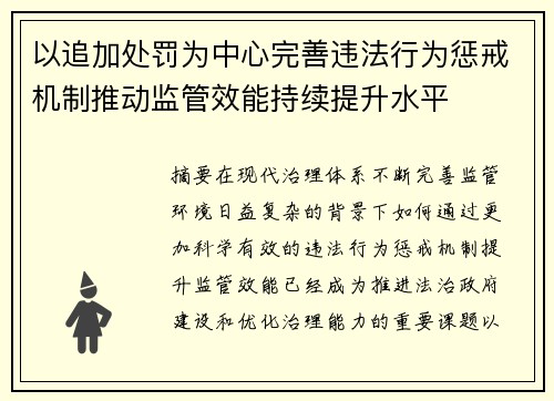 以追加处罚为中心完善违法行为惩戒机制推动监管效能持续提升水平